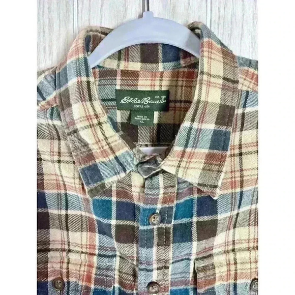 Eddie Bauer Men’s XL Shirt Button Front Pocket Flannel Plaid Hiking Outdoor Tan - Picture 2 of 5